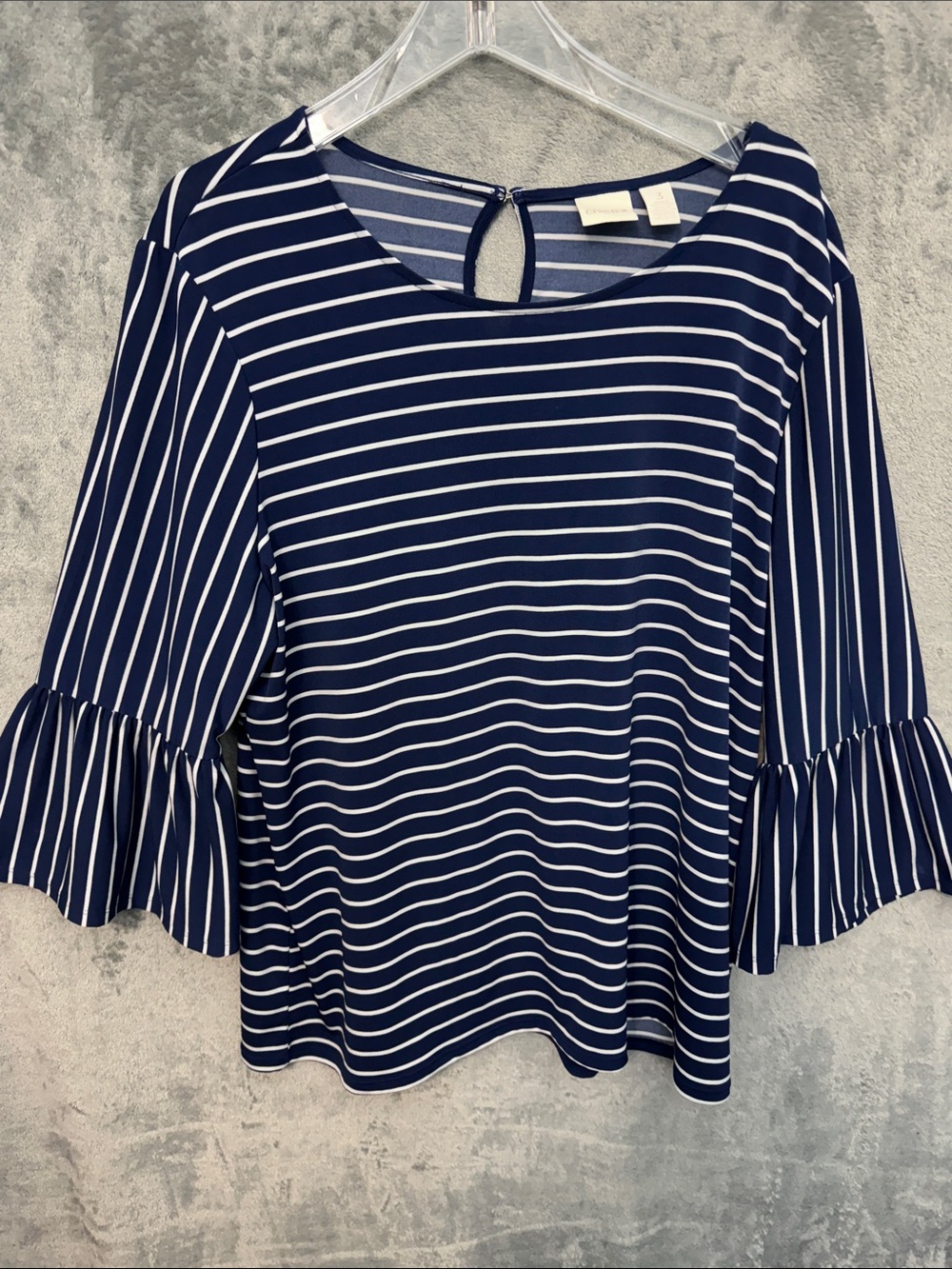Chico's XL Navy and White Striped Ruffle-Sleeve Women’s Top pullover